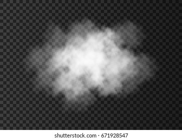 White transparent  smoke cloud  isolated on dark  background.  Steam explosion special effect.  Realistic  vector   fire fog or mist texture.