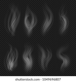 White transparent smoke collection. Hot steam from food isolated on checkered background vector set. Smoke vapor transparent, coffee or cigarette steam hot illustration