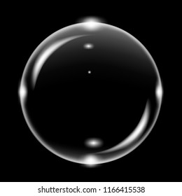 White transparent soap air bubble, isolated on black background, vector illustration