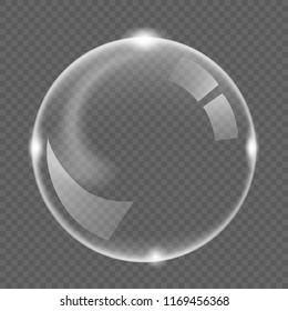 White transparent soap air bubble, isolated on black background, vector illustration