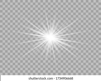 White transparent sun light with rays, star flash or flashlight. Vector Object on an isolated background.