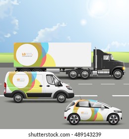 White transport advertising design with color round elements. Templates of the truck, bus and passenger car. Corporate identity