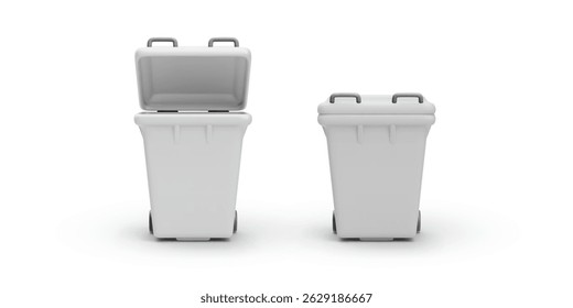 White Trash Bin Icon with Lid in Open and Closed Position. Clean and 3d Minimalistic Garbage Container for Waste Sorting and Recycling Concepts. Vector Illustration