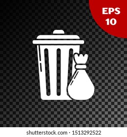 White Trash can and garbage bag icon isolated on transparent dark background. Garbage bin sign. Recycle basket icon. Office trash icon.  Vector Illustration