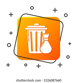White Trash can and garbage bag icon isolated on white background. Garbage bin sign. Recycle basket icon. Office trash icon. Orange square button. Vector Illustration