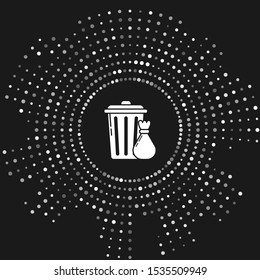 White Trash can and garbage bag icon isolated on grey background. Garbage bin sign. Recycle basket icon. Office trash icon. Abstract circle random dots. Vector Illustration