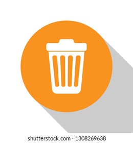 White Trash can icon isolated on white background. Garbage bin sign. Orange circle button. Flat design. Vector Illustration