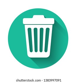 White Trash can icon isolated with long shadow. Garbage bin sign. Green circle button. Vector Illustration