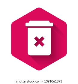 White Trash can icon isolated with long shadow. Delete icon. Garbage bin sign. Recycle basket icon. Office trash icon. Pink hexagon button. Vector Illustration