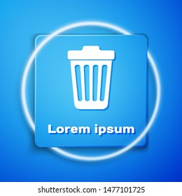 White Trash can icon isolated on blue background. Garbage bin sign. Blue square button. Vector Illustration