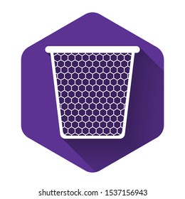 White Trash can icon isolated with long shadow. Garbage bin sign. Recycle basket icon. Office trash icon. Purple hexagon button. Vector Illustration