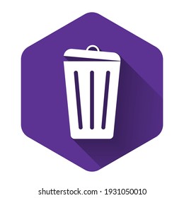White Trash can icon isolated with long shadow. Garbage bin sign. Recycle basket icon. Office trash icon. Purple hexagon button. Vector Illustration