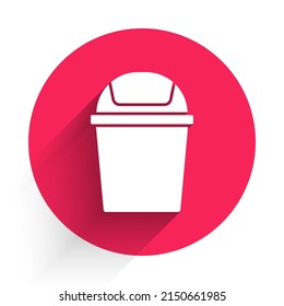 White Trash can icon isolated with long shadow. Garbage bin sign. Recycle basket icon. Office trash icon. Red circle button. Vector