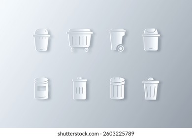 white trash can icon made in paper art style with shadow and highlight