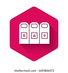 White Trash in garbage cans with sorted garbage icon isolated with long shadow. Recycle basket icon. Pink hexagon button. Vector Illustration