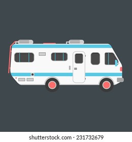 white travel camper van isolated on dark background. concept of outdoor recreation and travel around the world. flat style design trendy modern vector illustration