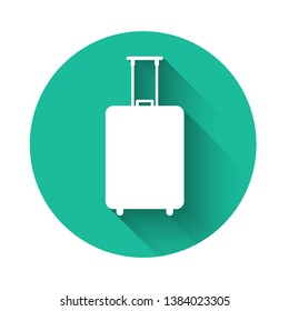 White Travel suitcase icon isolated with long shadow. Traveling baggage sign. Travel luggage icon. Green circle button. Vector Illustration