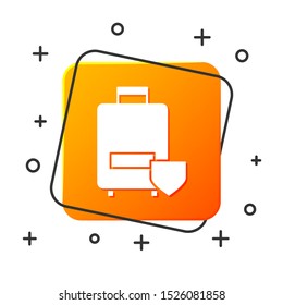White Travel suitcase icon isolated on white background. Traveling baggage insurance. Security, safety, protection, protect concept. Orange square button. Vector Illustration