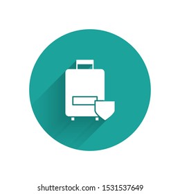 White Travel suitcase icon isolated with long shadow. Traveling baggage insurance. Security, safety, protection, protect concept. Green circle button. Vector Illustration