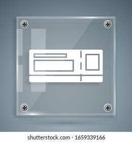 White Travel ticket icon isolated on grey background. Train, ship, plane, tram, bus transport. Travel service concept. Square glass panels. Vector Illustration