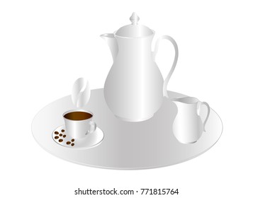 A white tray with a coffee pot, a creamer and a cup of coffee. Vector illustration on white background.
