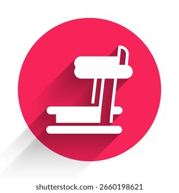 White Treadmill machine icon isolated with long shadow. Red circle button. Vector