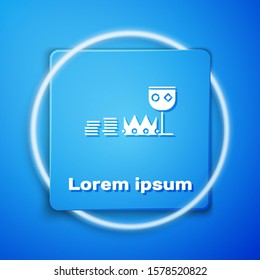 White Treasure and riches icon isolated on blue background. Treasure, gold, coins, jewels, crown, gold cup. Blue square button. Vector Illustration