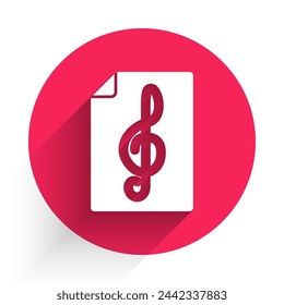 White Treble clef icon isolated with long shadow. Red circle button. Vector