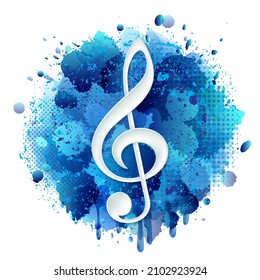 White Treble clef, music violin clef sign. Vector icon for apps and websites. Paper icon on Blue spray paint with abstract splatter color background.