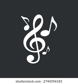 White treble clef and scattered musical notes on a solid dark gray background representing music and melody