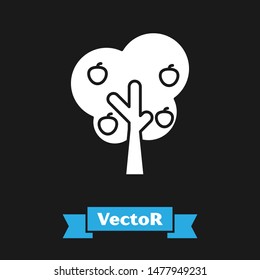White Tree with apple icon isolated on black background. Agricultural plant. Organic farm product. Gardening theme.  Vector Illustration