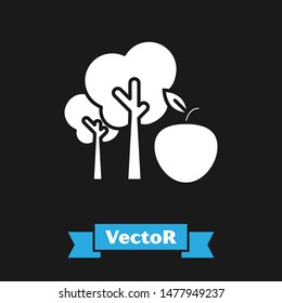 White Tree with apple icon isolated on black background. Agricultural plant. Organic farm product. Gardening theme.  Vector Illustration