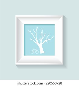 white tree and bicycle in frame. 3D picture frame design vector background