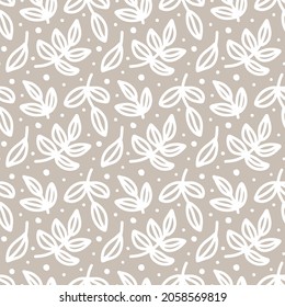 White tree Branches with Leaves on grey beige background. Floral seamless pattern. Abstract contour Plant, Twigs. Vector fashion texture for textile print, fabric, wrapping, gift paper, invitation