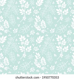 White tree branches on mint green background. Abstract Plant, silhouette and outline Twigs with Leaves. Floral seamless pattern, vector texture for fashion textile print, fabric, wrapping, gift paper