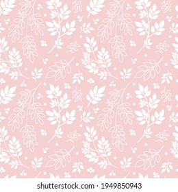 White tree branches on pink background. Abstract Plants, silhouette and outline Twigs with Leaves. Floral seamless pattern, vector texture for fashion textile print, scrapbooking, wrapping, gift paper