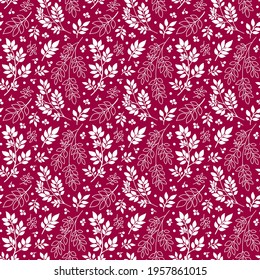 White tree branches on pink red background. Abstract Plant, silhouette and outline Twigs, Leaves. Floral seamless pattern, vector texture for fashion textile print, fabric, wrapping, gift paper