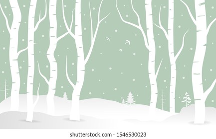 White tree forest background and snowing for winter season concept. Hand drawn isolated illustrations.