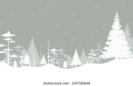 White tree forest background and snowing for winter season concept. Hand drawn isolated illustrations.