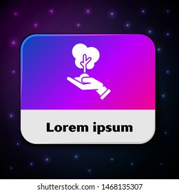 White Tree in hand of environmental protection icon isolated on black background. Seed and seedling. Planting sapling. Ecology concept. Rectangle color button. Vector Illustration