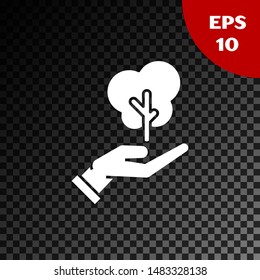 White Tree in hand of environmental protection icon isolated on transparent dark background. Seed and seedling. Planting sapling. Ecology concept.  Vector Illustration