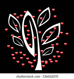 white Tree with heart fruits. Vector illustration for the holiday Valentine's Day on a black background.