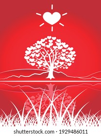 White tree with heart-shaped leaves. White and red colors. Vector illustration. EPS 10