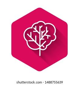 White Tree icon isolated with long shadow. Forest symbol. Pink hexagon button. Vector Illustration