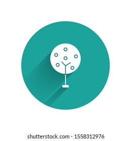 White Tree icon isolated with long shadow. Forest symbol. Green circle button. Vector Illustration