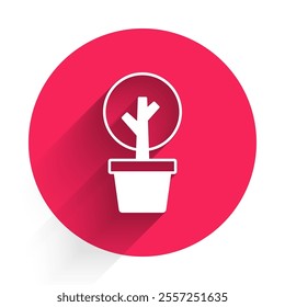 White Tree icon isolated with long shadow. Forest symbol. Red circle button. Vector