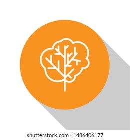 White Tree icon isolated on white background. Forest symbol. Orange circle button. Vector Illustration
