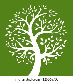 White Tree icon on green background, vector logo