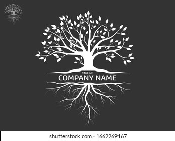 White Tree with leaves look beautiful and refreshing. Tree and roots LOGO style.