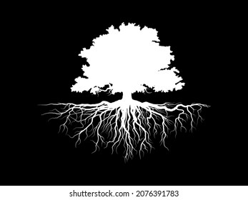 El árbol blanco con hojas se ve hermoso y refrescante. Estilo LOGO de árbol y raíces.